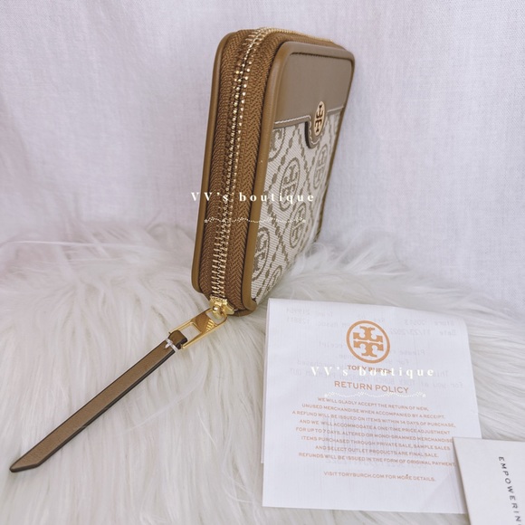 NWT Tory Burch T Monogram Jacquard Bifold Small Zip Wallet Hazelnut Brown 79381 - Picture 3 of 6